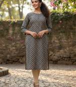 Beige cotton blend geometric printed kurta for women