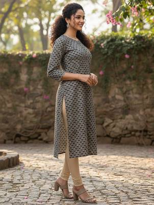 Beige cotton blend geometric printed kurta for women 2