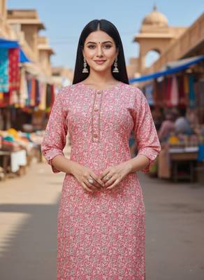 Peach cotton blend geometric printed kurta for women 4