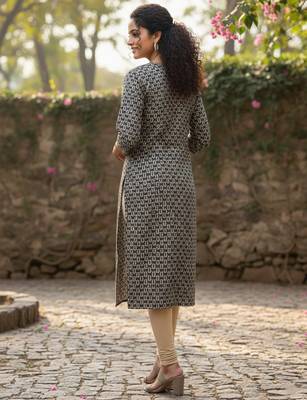 Beige cotton blend geometric printed kurta for women 3