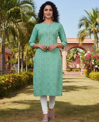 Sea green cotton blend geometric printed kurta for women 1