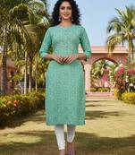 Sea green cotton blend geometric printed kurta for women
