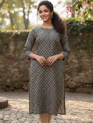 Beige cotton blend geometric printed kurta for women 4