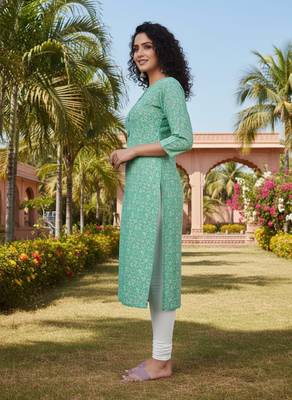 Sea green cotton blend geometric printed kurta for women 2