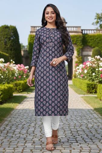 Blue cotton blend geometric printed kurta for women