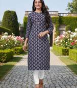 Blue cotton blend geometric printed kurta for women