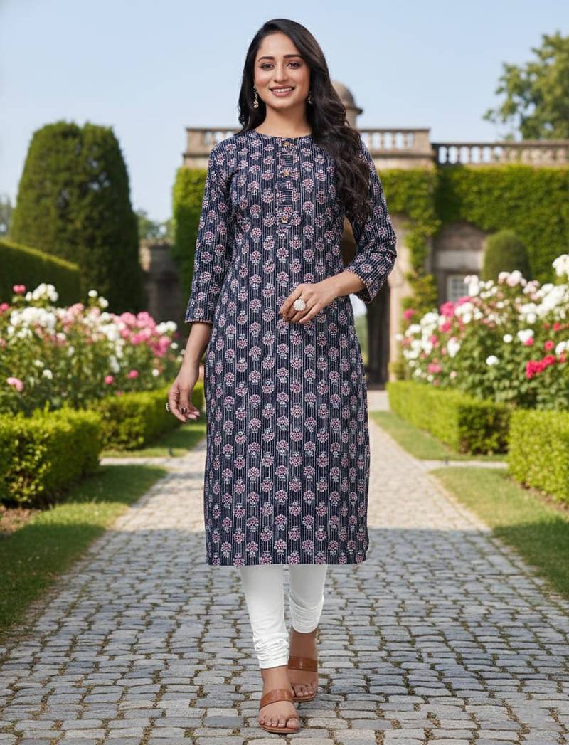 Blue cotton blend geometric printed kurta for women
