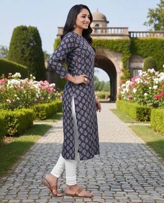 Blue cotton blend geometric printed kurta for women 2