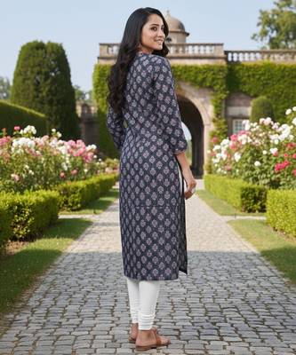 Blue cotton blend geometric printed kurta for women 3