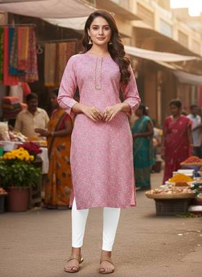 Pink cotton blend geometric printed kurta for women 1