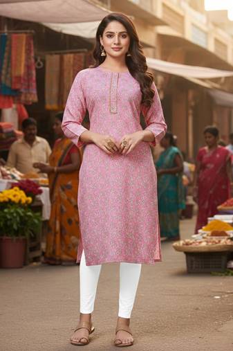 Pink cotton blend geometric printed kurta for women