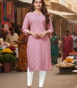 Pink cotton blend geometric printed kurta for women