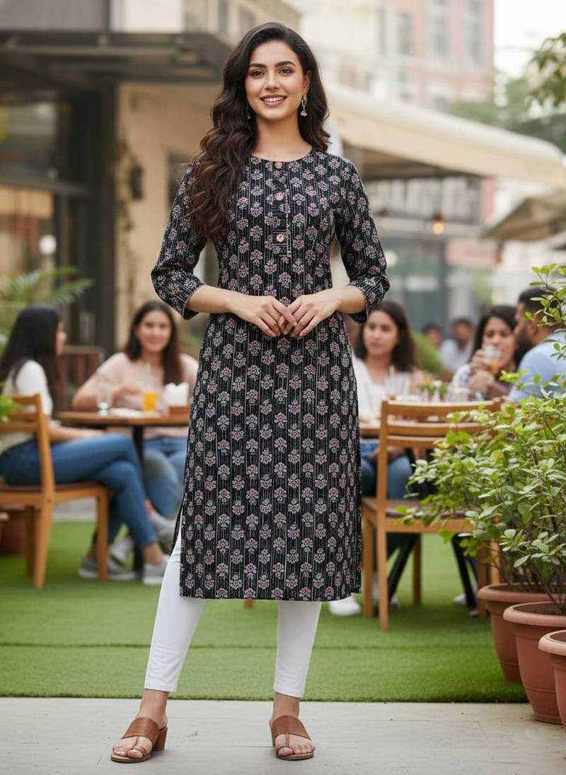 Black cotton blend geometric printed kurta for women