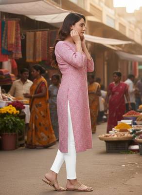 Pink cotton blend geometric printed kurta for women 2