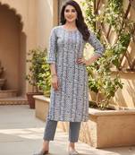 Grey cotton blend geometric printed kurta for women