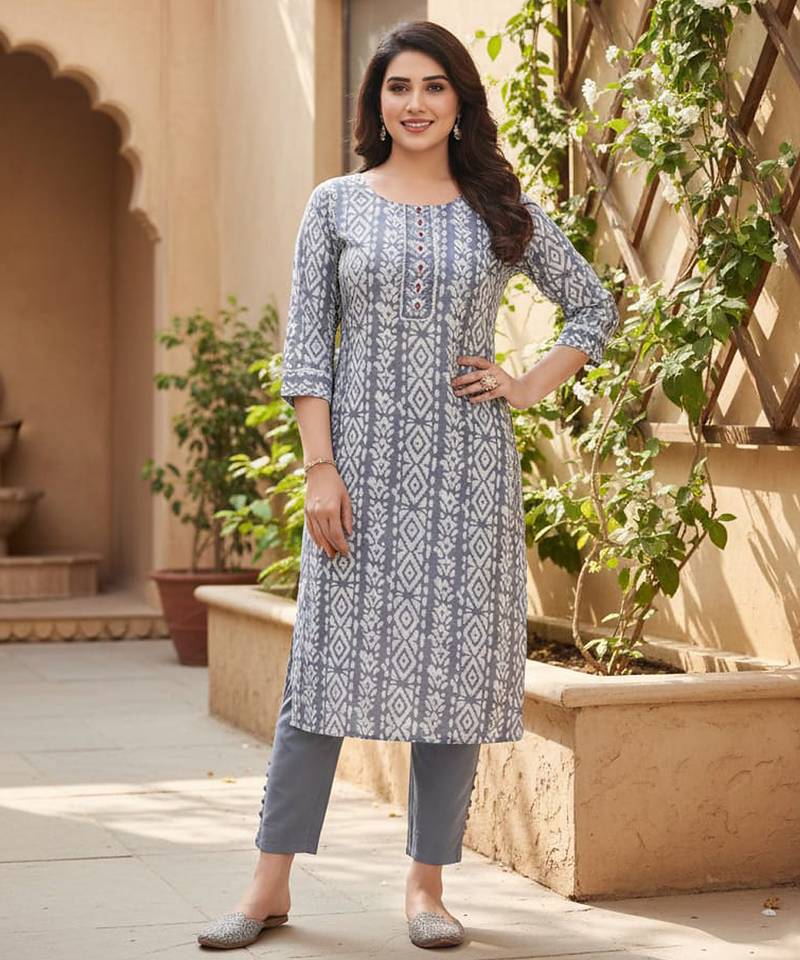Grey cotton blend geometric printed kurta for women