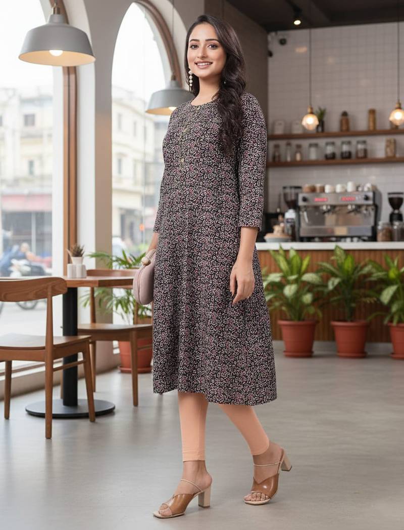 Black cotton blend geometric printed kurta for women
