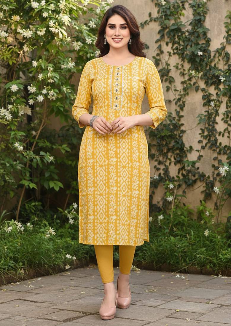 Yellow cotton blend geometric printed kurta for women