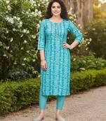 Turquoise cotton blend geometric printed kurta for women
