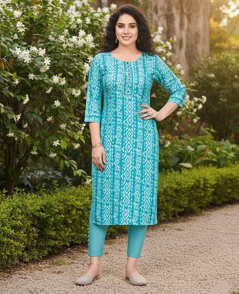 Turquoise cotton blend geometric printed kurta for women