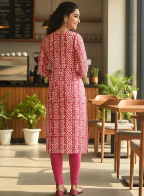 Pink cotton blend geometric printed kurta for women 3