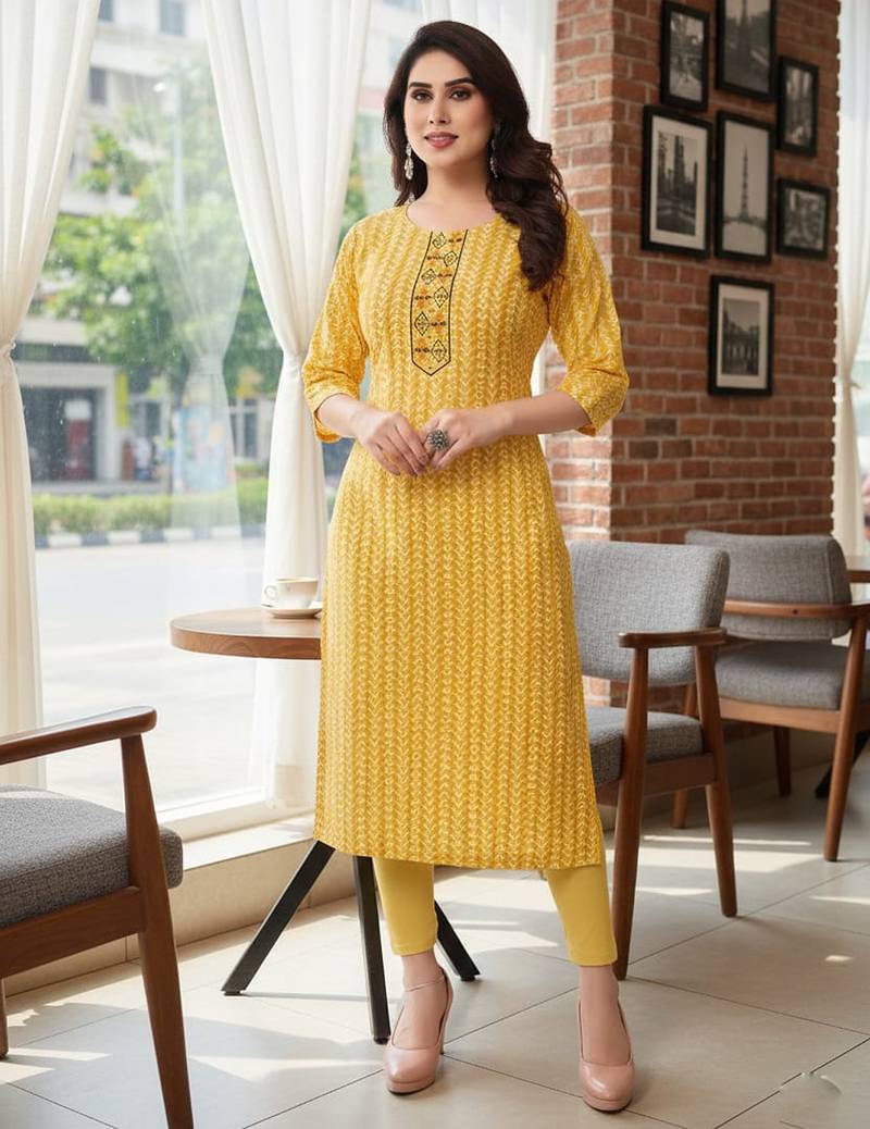 Yellow cotton blend geometric printed kurta for women