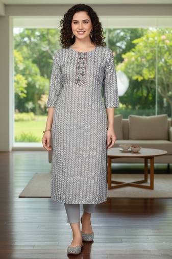 Grey cotton blend geometric printed kurta for women