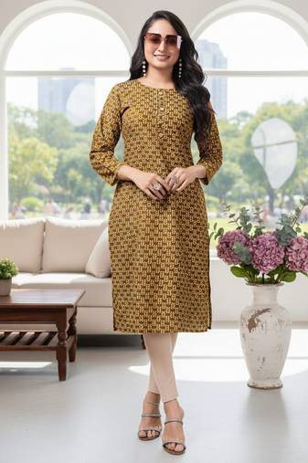 Mustard cotton blend geometric printed kurta for women