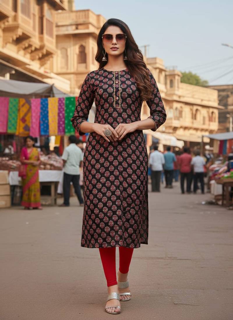 Black cotton blend geometric printed kurta for women