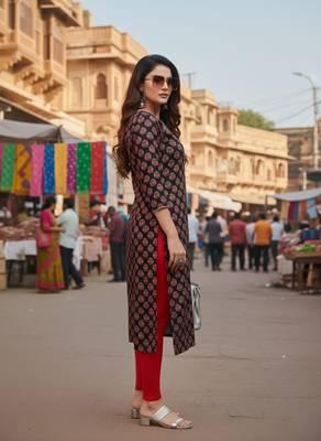 Black cotton blend geometric printed kurta for women 2