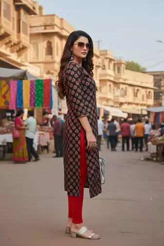 Black cotton blend geometric printed kurta for women