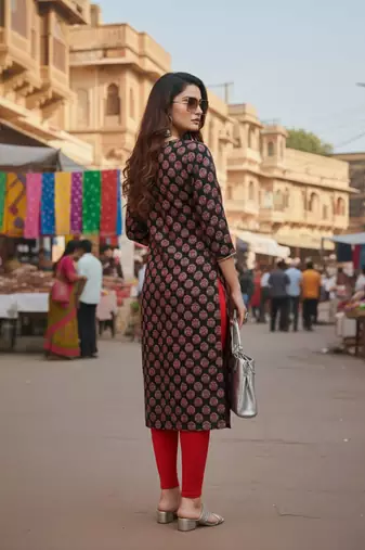 Black cotton blend geometric printed kurta for women