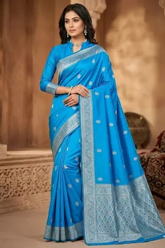 banarasi silk blend blue color woven saree with blouse