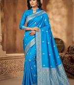 banarasi silk blend blue color woven saree with blouse