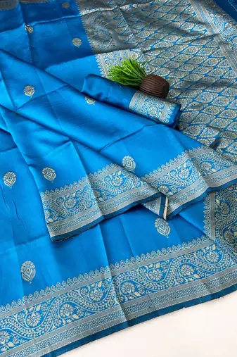 banarasi silk blend blue color woven saree with blouse