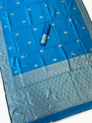 banarasi silk blend blue color woven saree with blouse 5