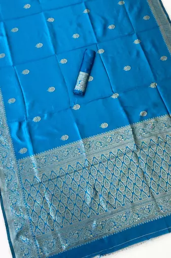 banarasi silk blend blue color woven saree with blouse