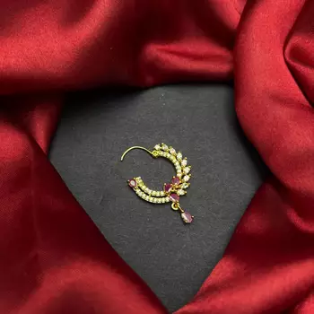 traditional indian bridal nath, gold plated ruby cz stone nose ring clip on 1