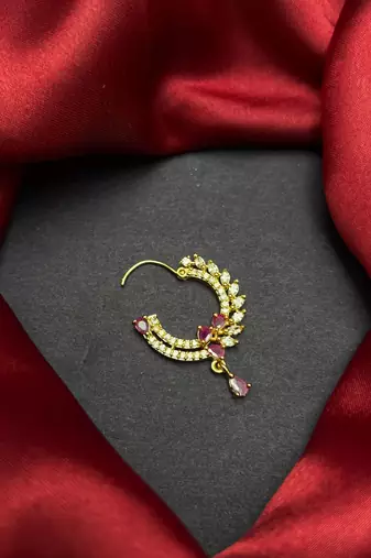 traditional indian bridal nath, gold plated ruby cz stone nose ring clip on