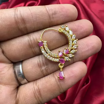 traditional indian bridal nath, gold plated ruby cz stone nose ring clip on 2