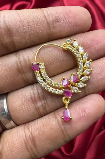 traditional indian bridal nath, gold plated ruby cz stone nose ring clip on