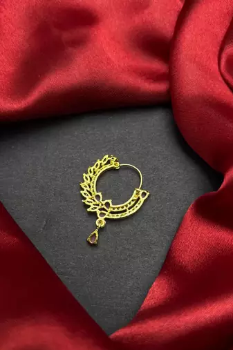 traditional indian bridal nath, gold plated ruby cz stone nose ring clip on