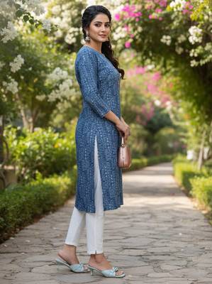 Blue cotton blend geometric printed kurta for women 2
