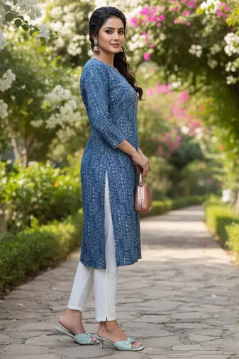Blue cotton blend geometric printed kurta for women