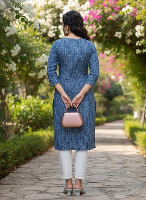 Blue cotton blend geometric printed kurta for women 3