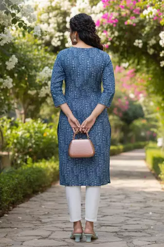 Blue cotton blend geometric printed kurta for women