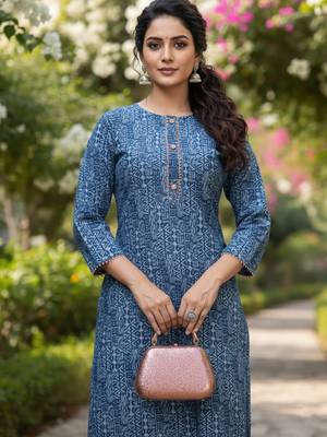 Blue cotton blend geometric printed kurta for women 4