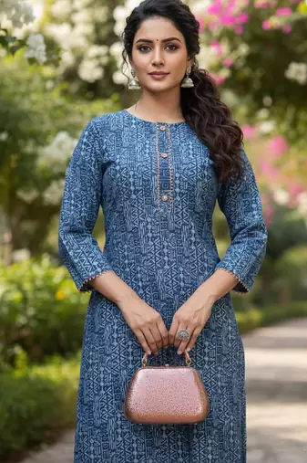 Blue cotton blend geometric printed kurta for women