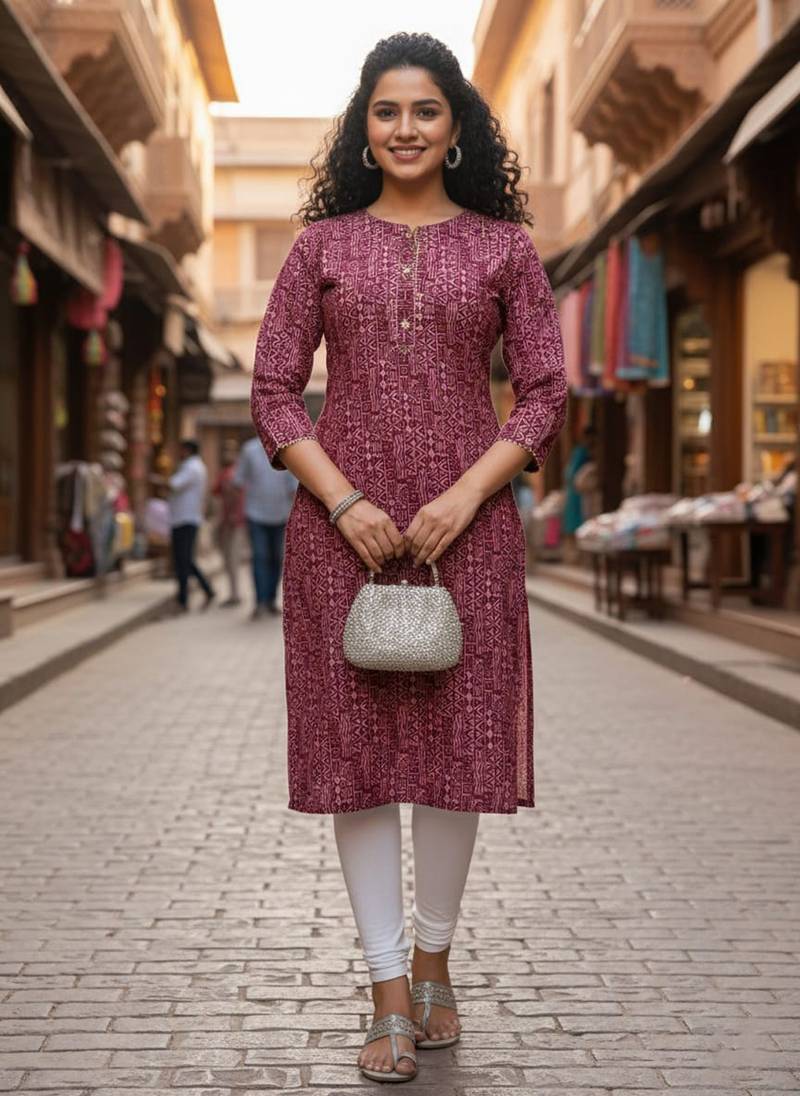 Maroon cotton blend geometric printed kurta for women