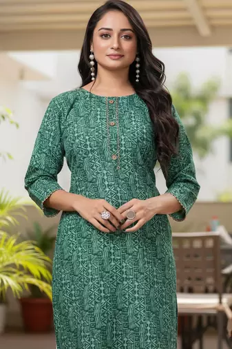 Green cotton blend geometric printed kurta for women